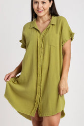 Umgee Full Size Raw Hem Button Down Short Sleeve Gauze Shirt Dress Plus Size OutfitFlow